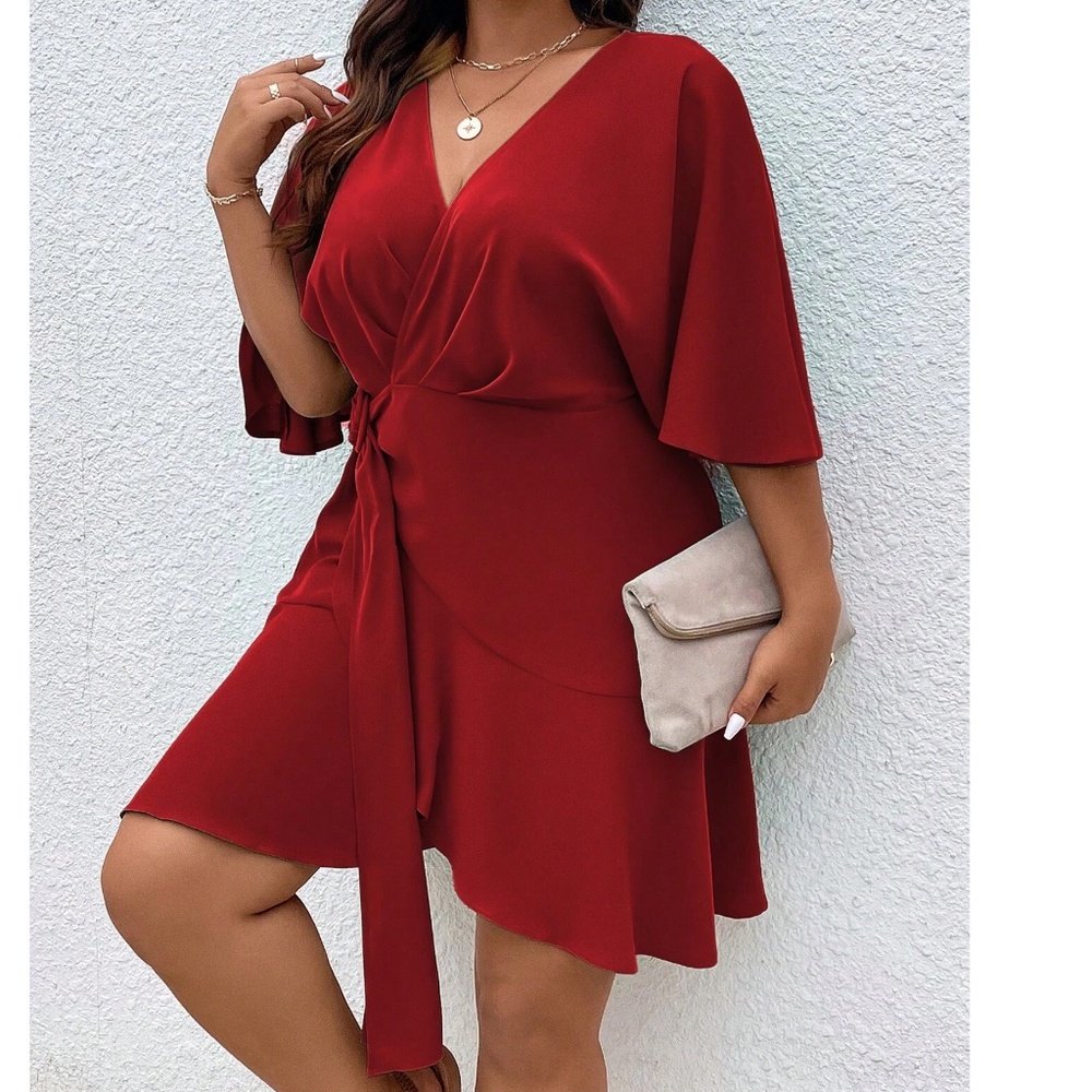 Plus solid Batwing Sleeve Ruffle Hem Mini Dress - Picture 9 of 13